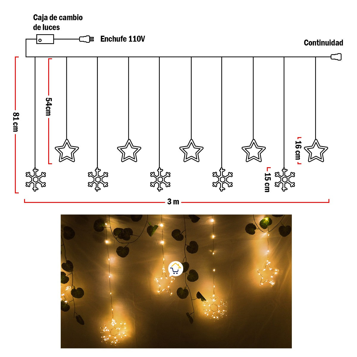 Luces Led Estrellas y Copos 260 Luces 3m Navidad Cálido 1626CA