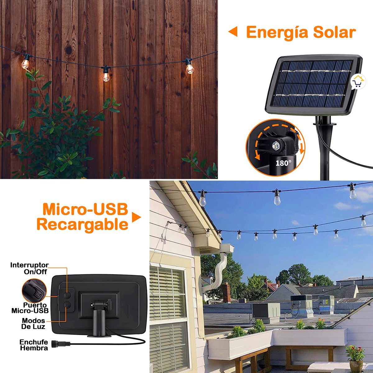 Extensión Bombillos x10 LED Panel Solar Luces Vintage Decoración Y13
