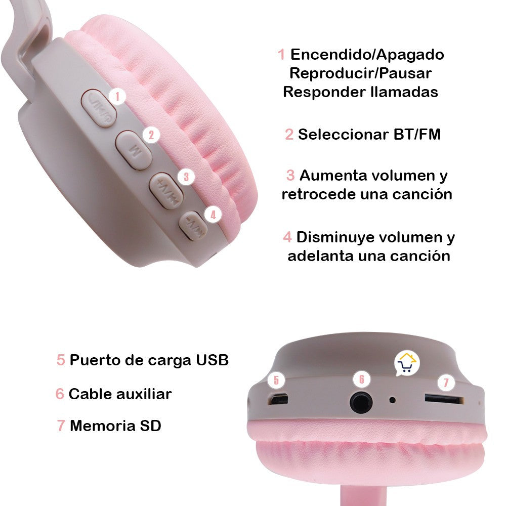 Audífonos Diadema Orejas Gato Bluetooth Luces Inalámbricos JR-028