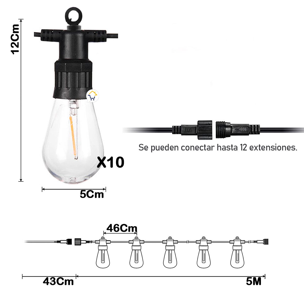 Extensión Bombillos x10 LED Panel Solar Luces Vintage Decoración Y13