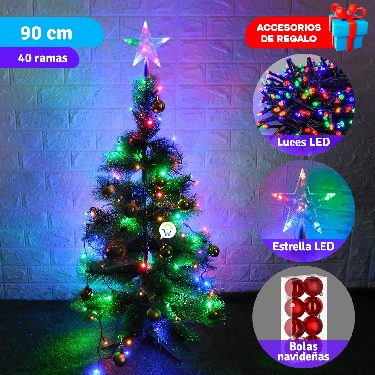 Árbol Navidad 90 cm Combo Estrella Luces Y Bolas De Regalo B3656