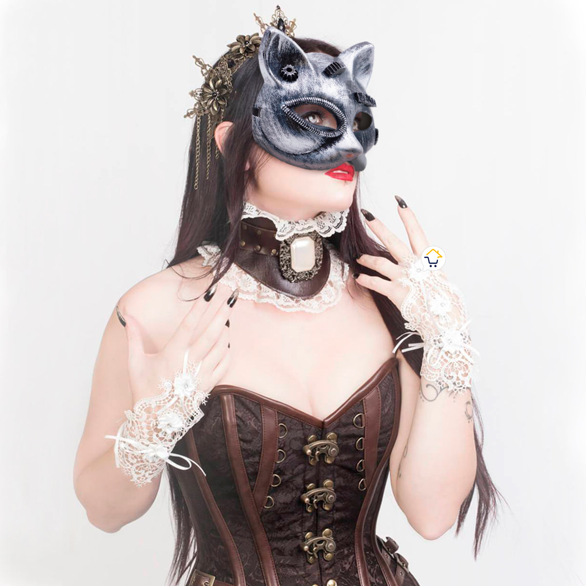 Máscara Steampunk Gato Efecto Metal Halloween Mujer Of325