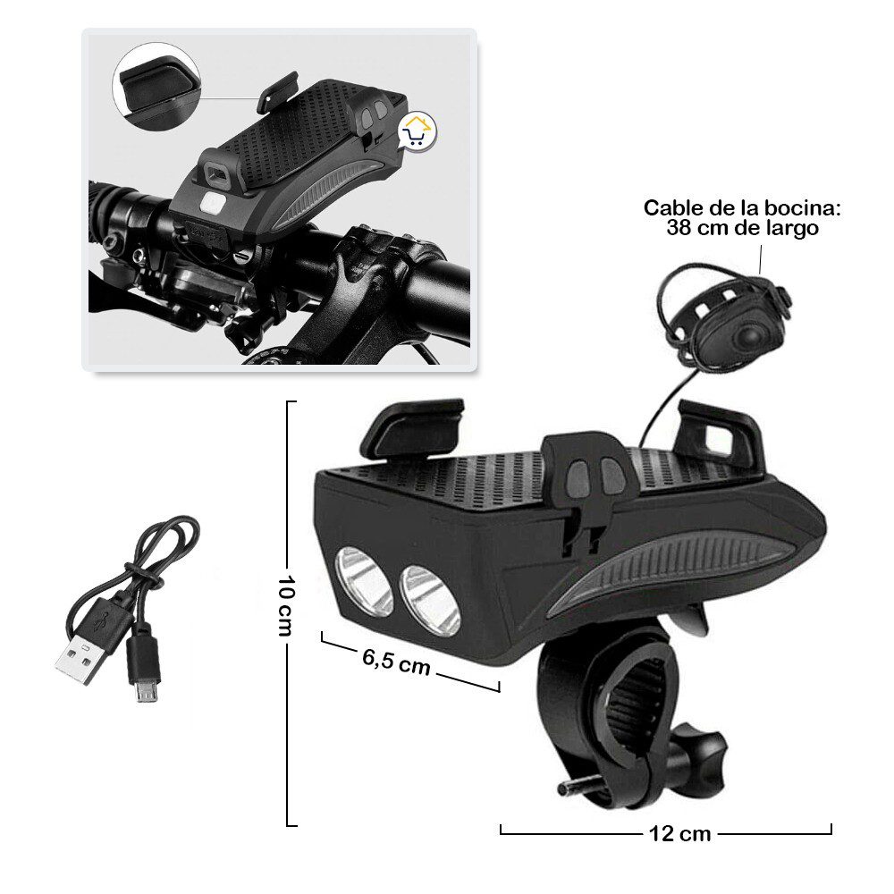 Luz Led Bicicleta Farola Recargable 4 en 1 Soporte Celular FY-319