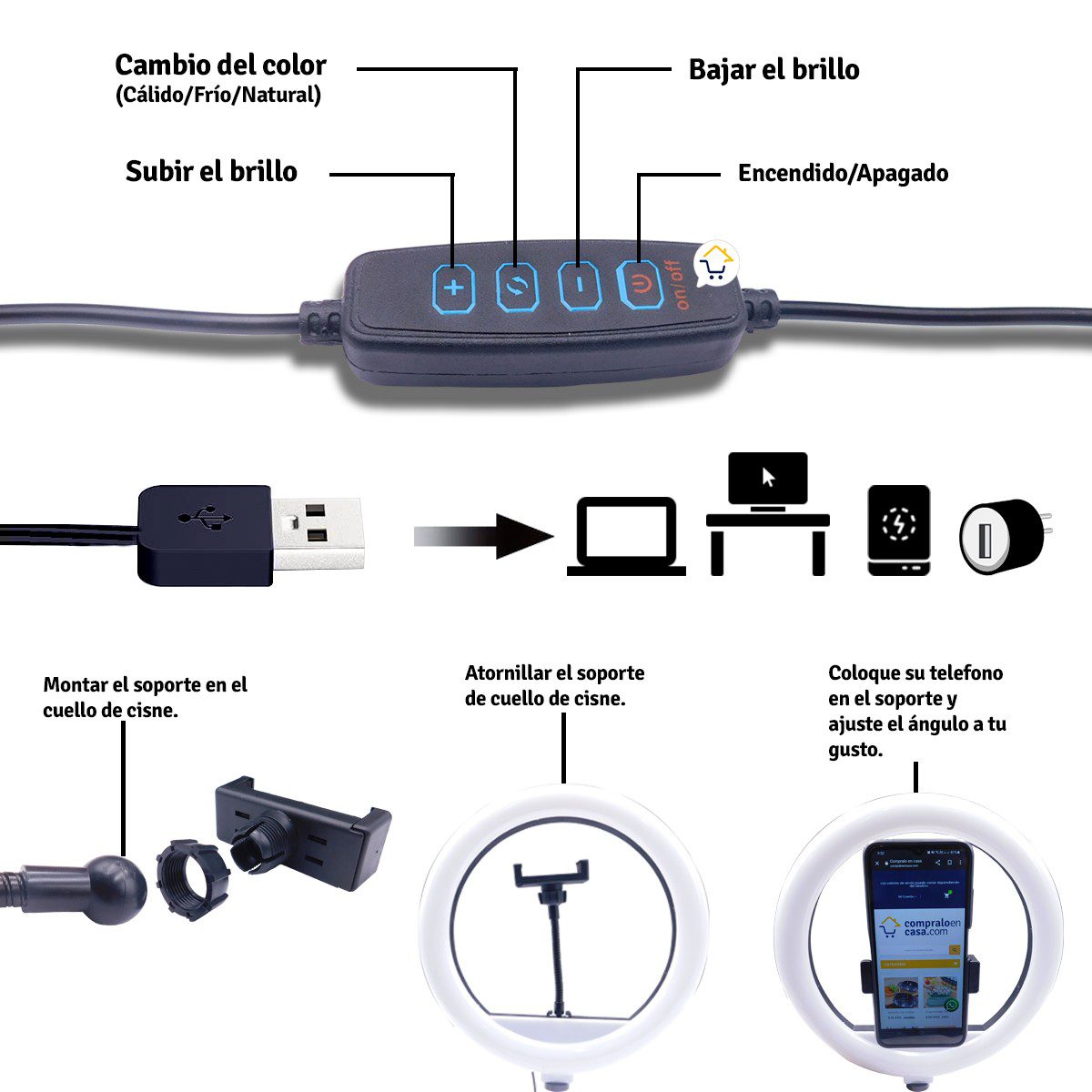 Aro De Luz Led Grande 30 Cm Trípode Graduable Base Celular XD300