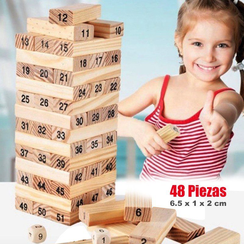 Torre Tipo Jenga 48 Bloques En Madera Juego de Mesa + Dados