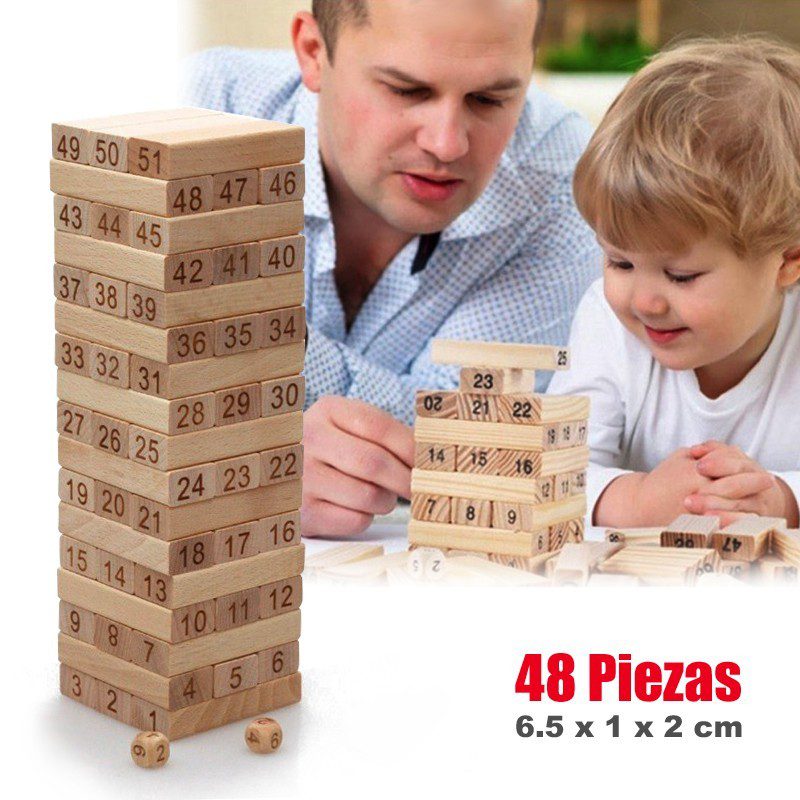 Torre Tipo Jenga 48 Bloques En Madera Juego de Mesa + Dados