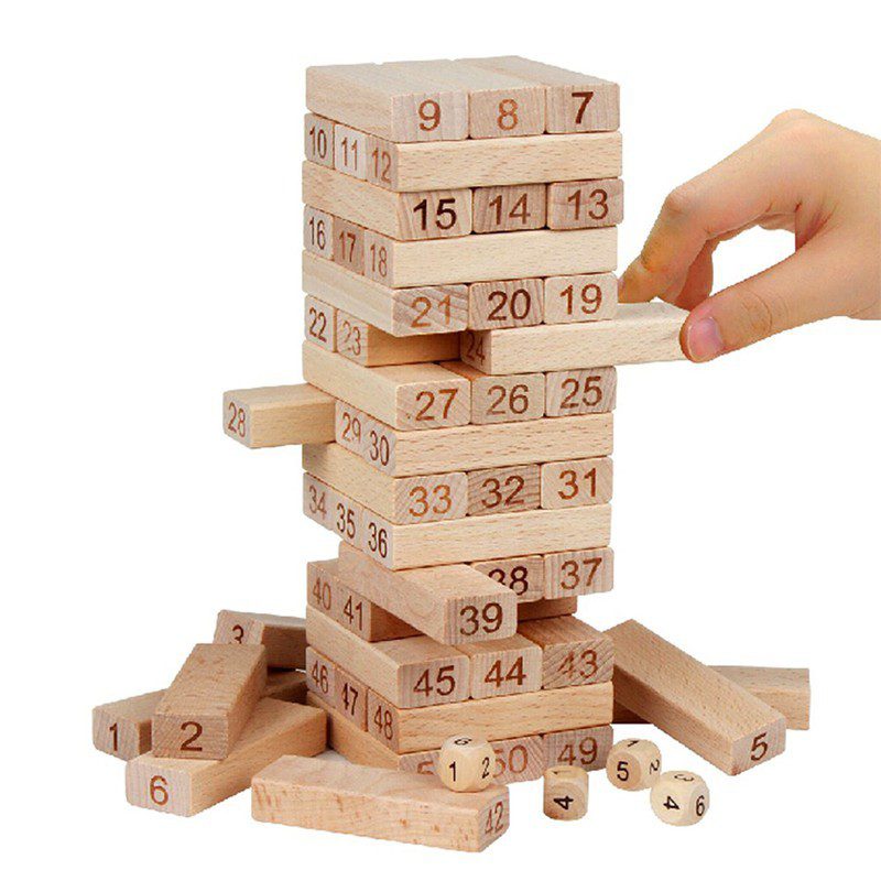 Torre Tipo Jenga 48 Bloques En Madera Juego de Mesa + Dados